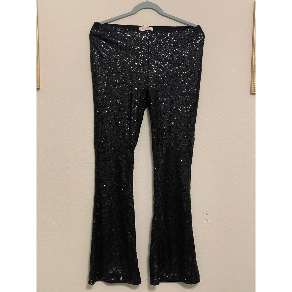Y2K Sequin Flare Pants Black High Waisted Bell Bottom Trousers Size Large